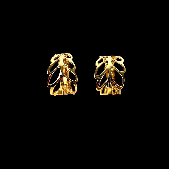 Vintage Napier Hoop Earrings Polished Gold Tone Cut Out Leaf Screw On Lever Clip - Picture 1 of 8